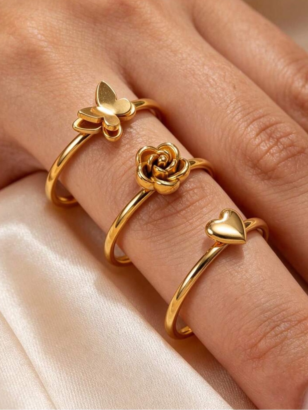 Gold Butterfly, Rose and Heart Stackable Rings - Women Jewelry